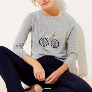 LOFT Gray Embroidered Bike Sweater Crew Neck Womens Large